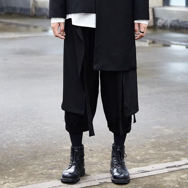 

men's pants men's nine-minute spring and autumn dark tide men low crotch yamamoto wind loose casual fake two pieces1, Black