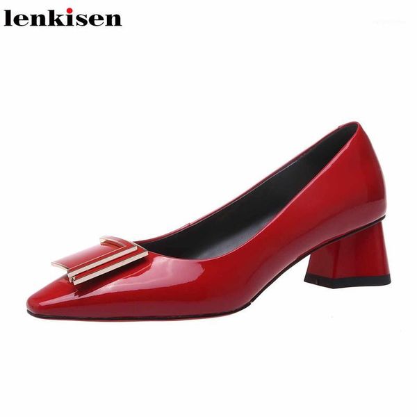 

lenkisen 2020 saling all-match full grain leather solid color square toe slip on med thick heels star young lady pumps l801, Black
