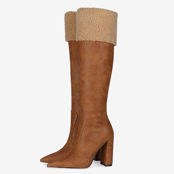 

boots arden furtado winter fashion 2021 pointed toe chunky heels women's zipper black brown knee high boots1