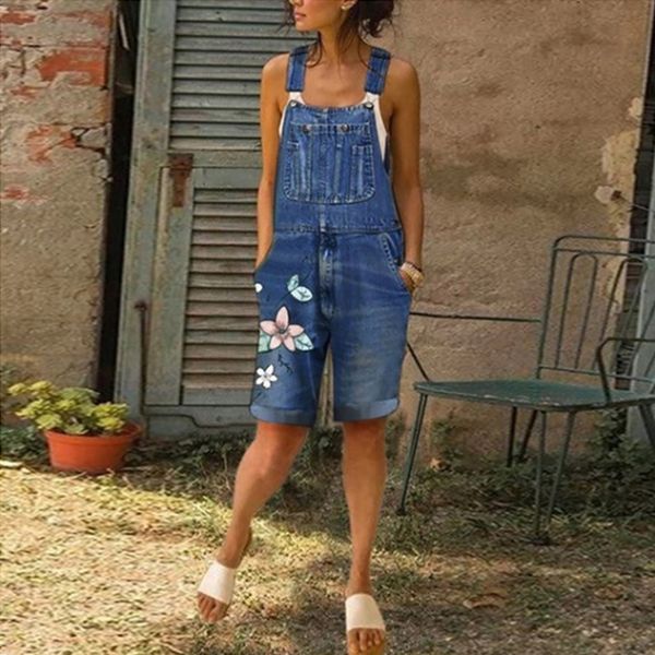 Denim Curta Jumpsuits Mulheres Moda Estilo de Rua Estilo Floral Impresso Big Calças Jeans Jumpsuits Shorts Strap Macacões Macacões Novo D30 T200704