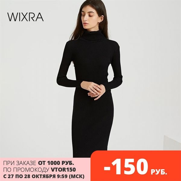 

wixra autumn winter turtleneck knee-length solid sweater dress women knit long sleeve women's slim midi dresses bodycon 201028, Black;gray