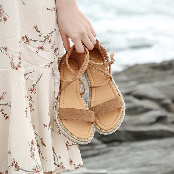 

artificial suede sandals women's fashion flat shoes women's rope strap gladiator sandals non-slip beach shoes1, Black