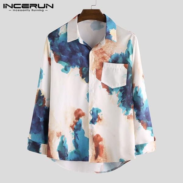 

men's casual shirts incerun men shirt printed lapel 2021 breathable long sleeve button loose hawaiian fashion streetwear camisa, White;black