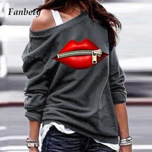 

2020 women funny lips print off shoulder blouse shirt autumn elegant long sleeve pullover 5xl ladies casual streetwear blus1, White