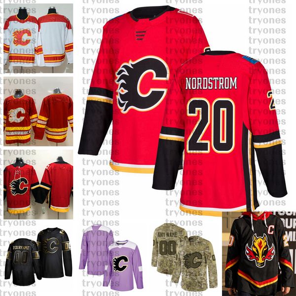 

2021 reverse retro customize #20 joakim nordstrom calgary flames jerseys golden edition camo veterans day fights cancer hockey jersey, Black;red
