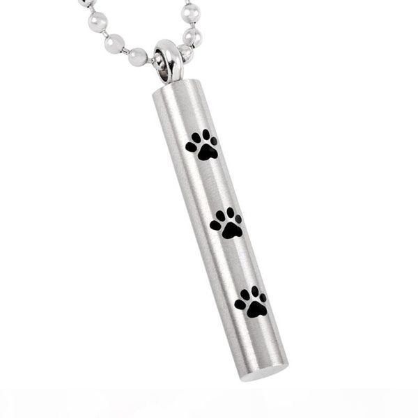 

djx8347 tube shape cremation urn pendant for pet stainless steel paw print cylinder keepsake memorial ashes necklace unisex, Silver
