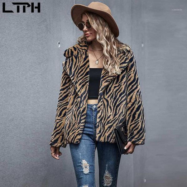 

ltph2020 autumn winter new arrival tiger pattern print woman jacket lapel full sleeve open stitch slim shorthair casual fur coat1, Black