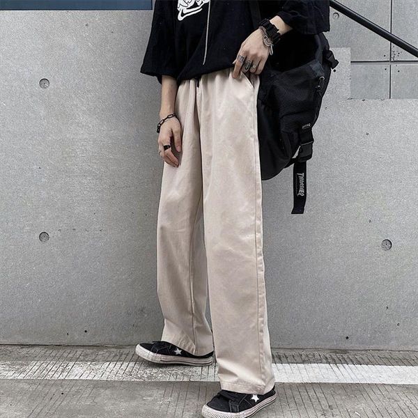 

korean straight pants mens fashion solid color casual pants men streetwear wild loose cotton drawstring trousers mens m xl, Black