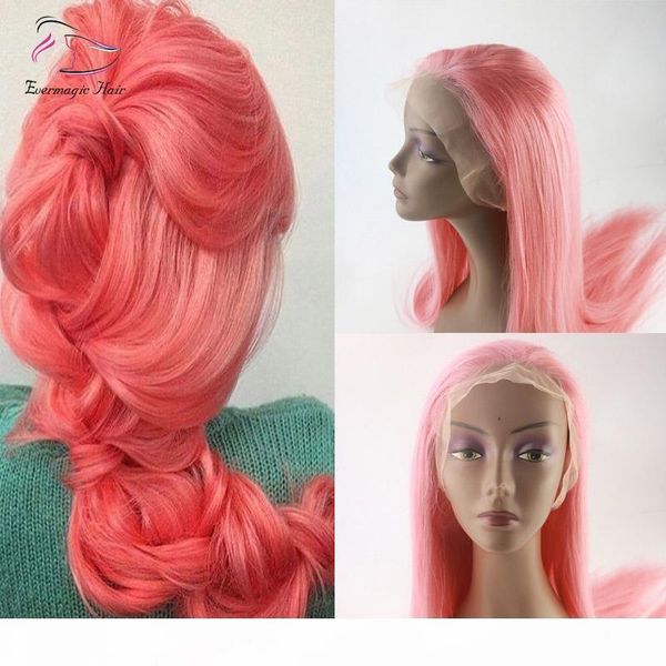 

evermagic brazilian human hair full lace wigs light baby pink color straight silk base wig hair, Black;brown
