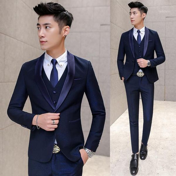 

jacket+pants+vest+tie)modern design navy blue men's prom suits 3 pieces grooms wedding party tuxedos young men daily work wear1, White;black