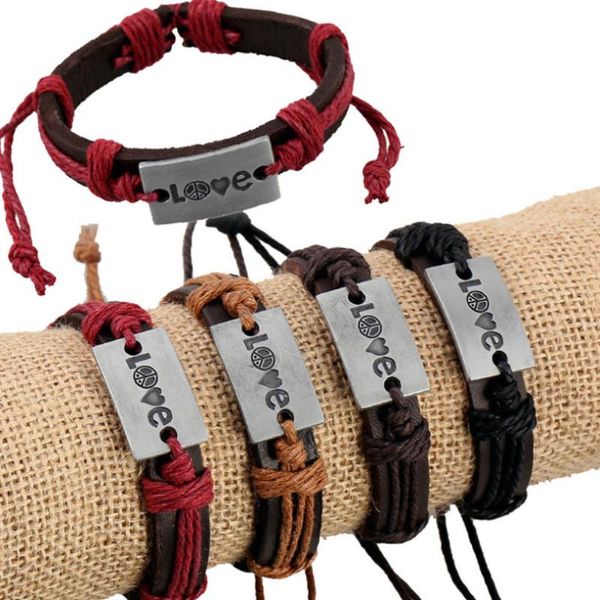 

charm bracelets fashion vintage love peace heart bracelet wrap retro rope genuine leather bangle wristbands handmade casual jewelry, Golden;silver