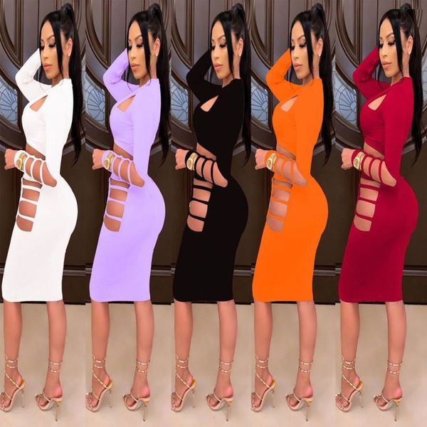 

new women's fashion hole solid autumn color long sleeve dress with hip lifting, Black;gray