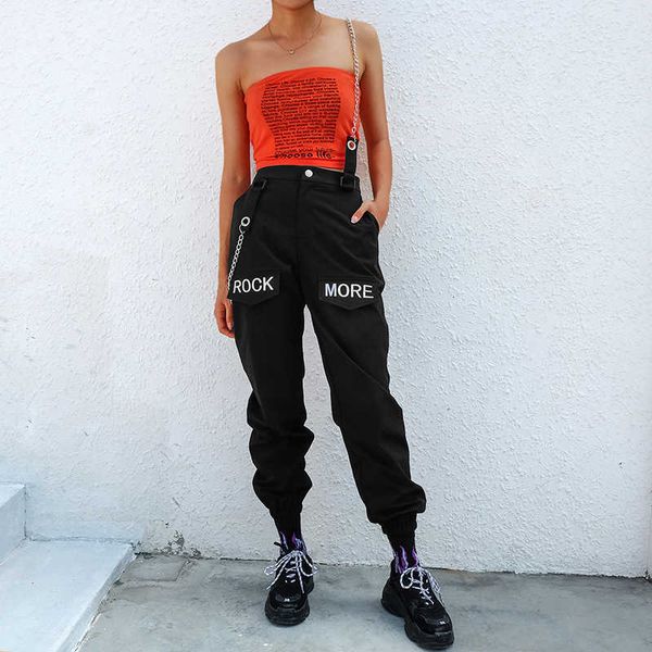 

suchcute hip hop chains patchwork letter embroidery pants women elastic high waist black track pants capris trousers female y19070301, Black;white