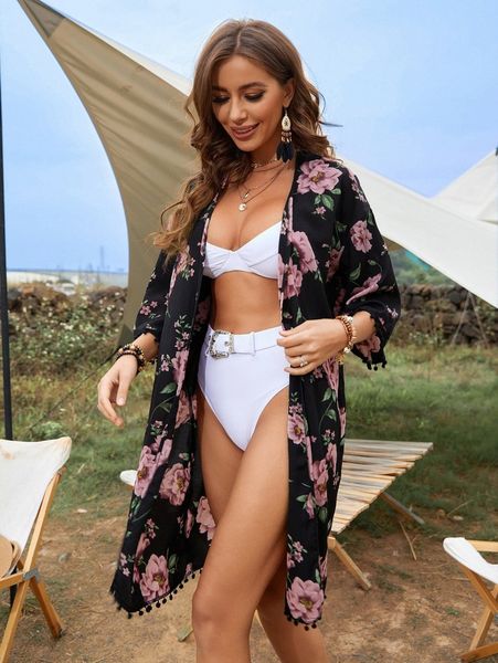 

flower print pom-pom trim kimono s7zc#, White;black