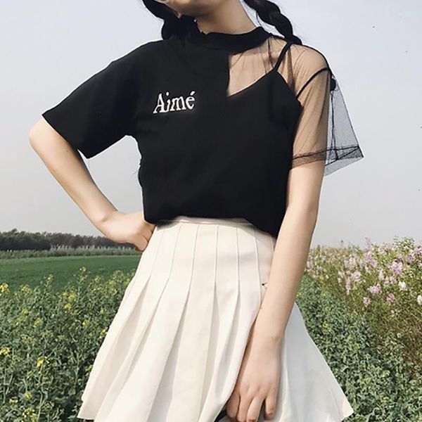 

summer patchwork mesh women fashion korean style irregular t-shirt breathable cool girls tee shirts streetwear, White