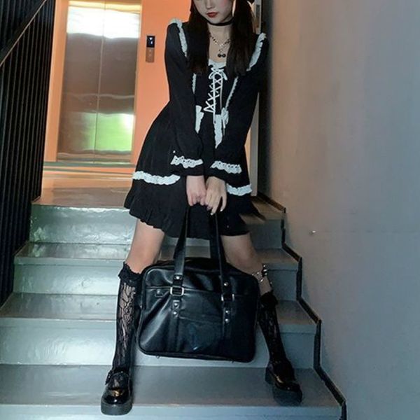 

2021 new japanese lolita black kawaii ruffles bows full sleeves mini dress women soft girl cosplay costume new autumn i0ch, Black;gray