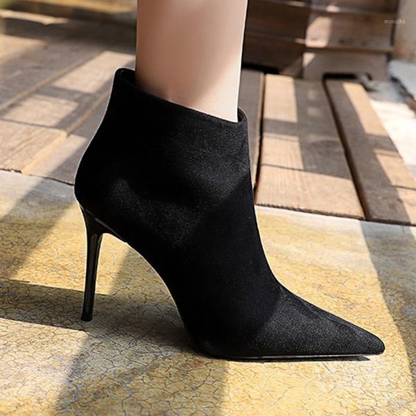 

2021 winter concise women stiletto 9.5cm high heels fashion sock boots black suede pointed toe nightclub ankle boots lady shoes1