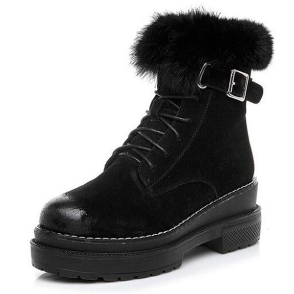 

new fashion real hair scrub genuine leather boots women shoes winter boots thick bottom non-slip wedges high heel, Black