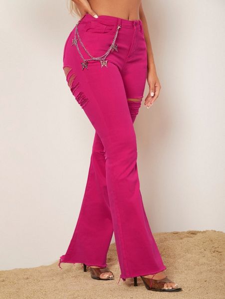 

sxy ripped frayed raw hem chain detail flare leg jeans o1tr#, Blue