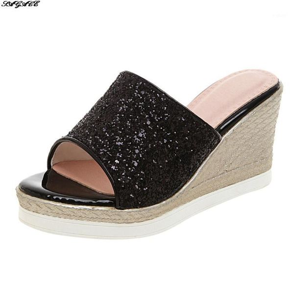 

sagace women's wedge shoes open toe slippers beach shoes lady fish mouth breathable rhinestone thick wedge heel slippers1, Black