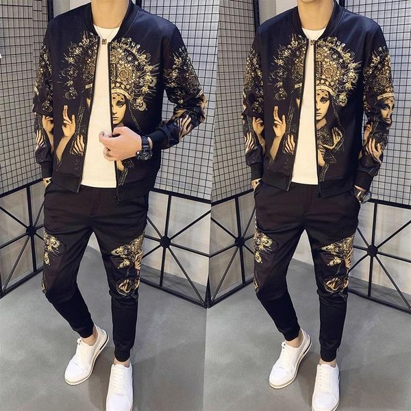 

men sets fashion 2020 autumn new mens tracksuit jacket+pant male printed two-piece plus size 5xl- trainingspak heren sport suit, Gray