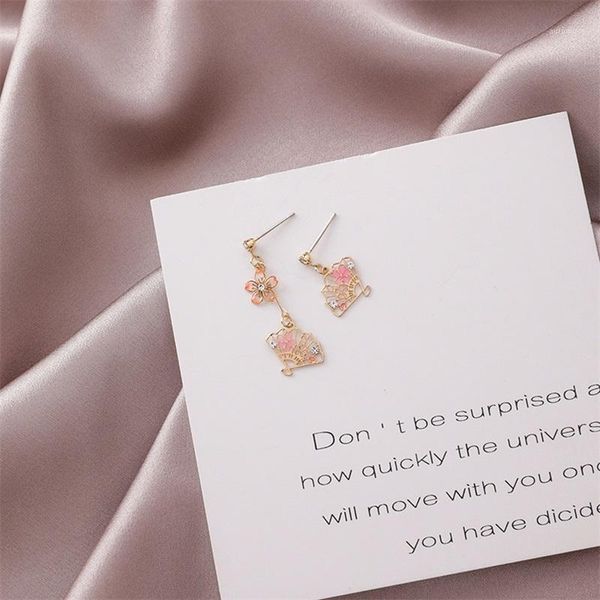 

hhsppf xy harajuku style rhinestone sakura fan asymmetric earrings petite sleek fashion openwork flower women earrings1, Silver