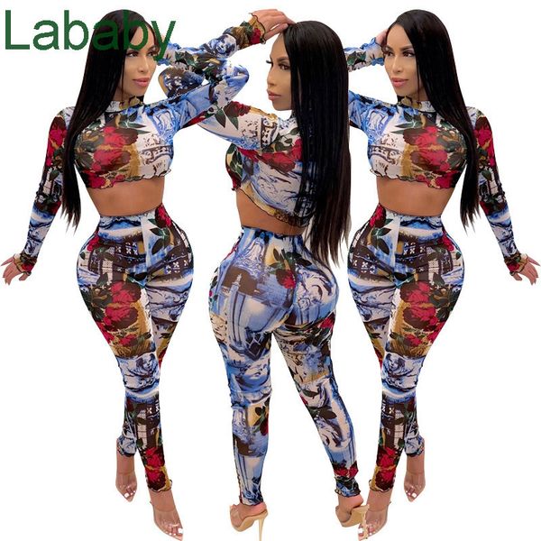 

women two piece tracksuits ink print round neck open umbilical lotus leaf cuff pencil pants outfits long sleeve ladies casual clothing, White