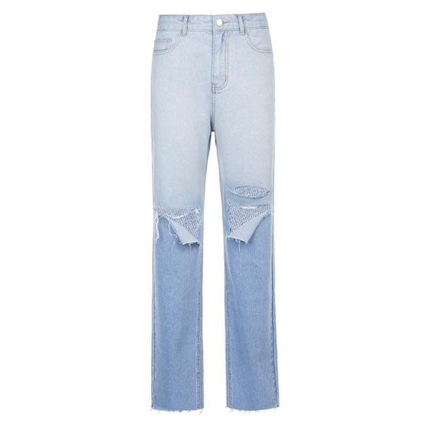 

women high waist gradient blue color jeans ripped distressed hole denim pants harajuku hip hop straight loose trousers