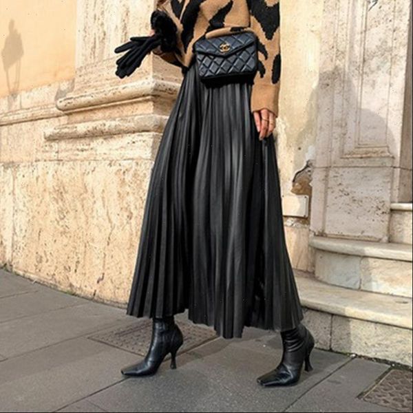 

faux leather pleated skirts womens winter fashion solid high waist solid big swing simplicity casual long skirt, Black