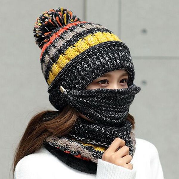 

2020 winter mask hat scarf set thick warm women winter accessories fleece inside knitted hat scarf set 3pcs riding hats, Blue;gray