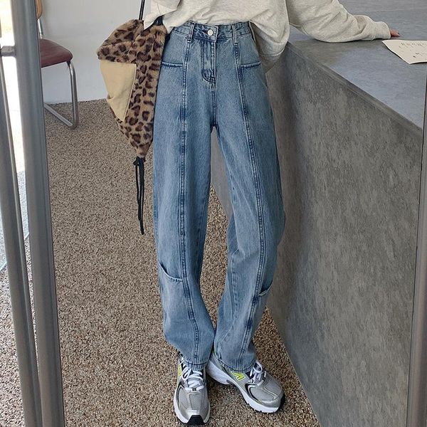 

zhisilao straight high wiast jeans women vintage plus size loose boyfriend wide leg denim pants streetwear mom jeans 2021, Blue