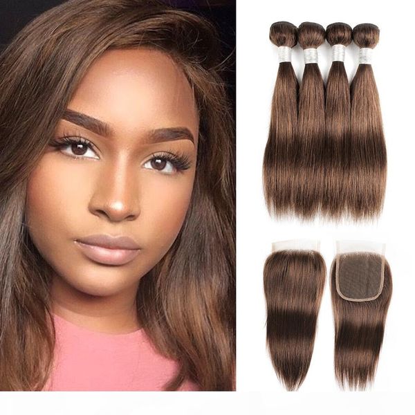 

#4 chocolate brown human hair bundles with closure 50g bundle peruvian straight remy human hair extensions 4 bundles with lace closure, Black;brown