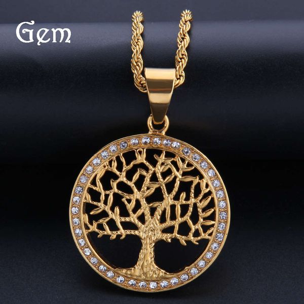 

trendy stainless steel color preserving electroplating tree of life pendant diamond round stainless steel men's and women's hip ho, Silver