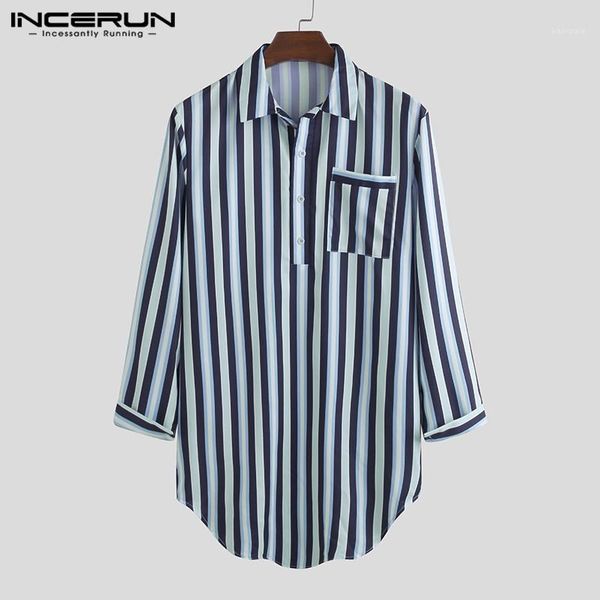 

stylish men striped shirt turn-down collar long sleeve 2020 streetwear loose long blouse homewear mens casual pullovers incerun1, White;black