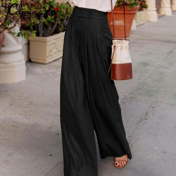 

women's pants & capris celmia elegant office lady trousers fashion women high waist zipper wide leg casual button solid palazzo female, Black;white