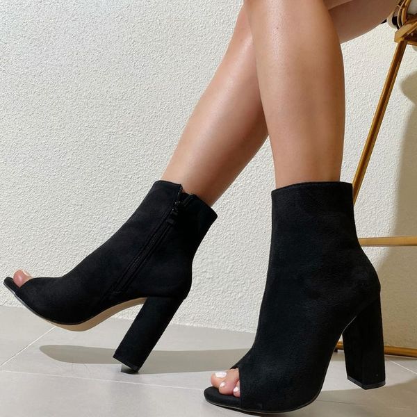 

brand new big size 42 high heels zipper flock peep toe ankle booties women shoes summer boots, Black