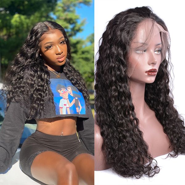 

indian 24 inch long human hair lace front wigs for black women water wave wig 13 by 4 splicing wig 150% density, Black;brown