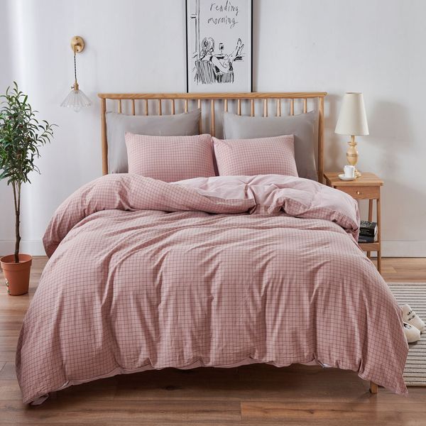 

home textile washed cotton checkered three piece bed sheet bedding q1215