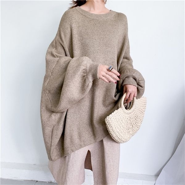 

lanmrem autumn new fashion solid color round neck pullover bat sleeve large size long knit sweater women pb615 201031, White;black