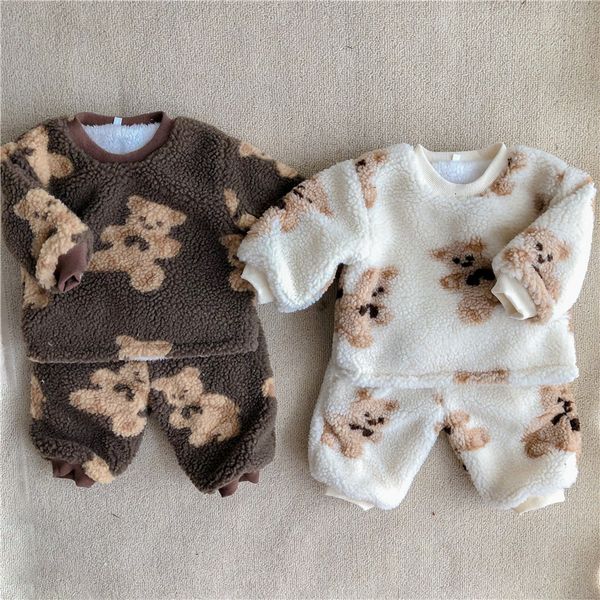 

2021 new winter baby boys and girls cute cartoon clothes kids thicken warm fleece bear sweatshirt pant suit children 2pcs set xslg, White