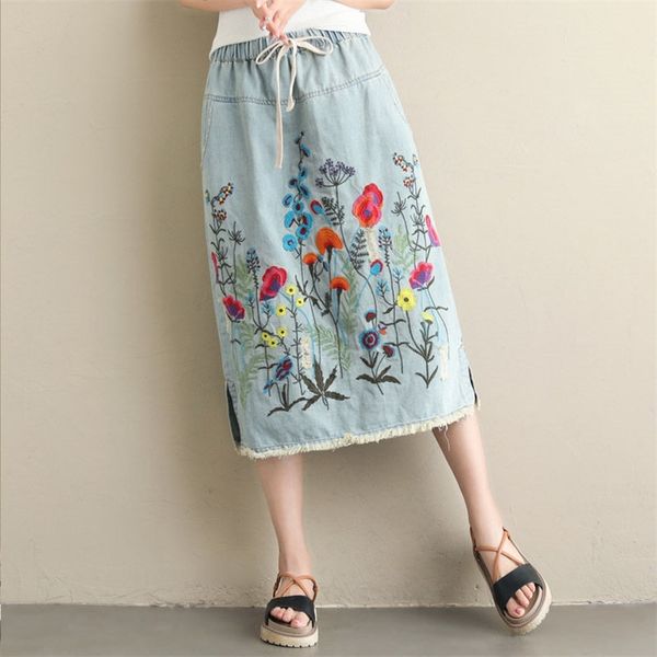 

vintage embroidered denim skirt large size women korean fashion clothes loose skirts casual elastic waist jeans saia f1209 t200712, Black