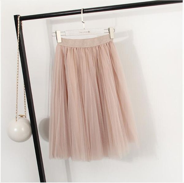 

autumn tulle skirts womens winter tulle skirt elastic high waist pleated midi skirt three layers e7933, Black