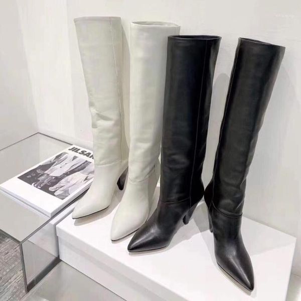 

boots 2021 winter shoes woman genuine leather knee high pointed toes spike heels zapatos de mujer1, Black