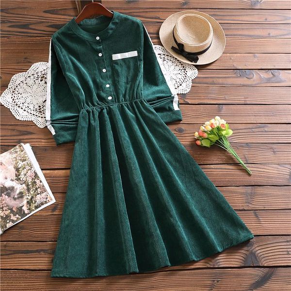

spring autumn mori girl dress 2021 women cordury long sleeve dresses green color a-line robe female office vestidos clothing, Black;gray