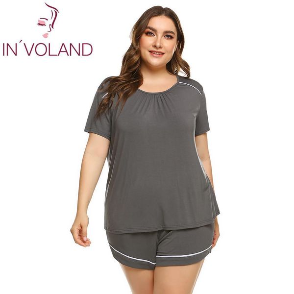 

women plus size sleepwear pajamas scoop neck short sleeve elastic waist shorts summer pajama set nightwear y200708, Black;red