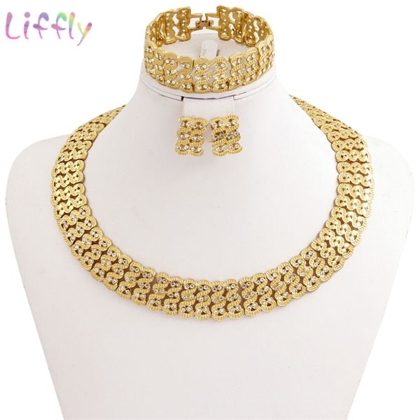 

liffly african wedding women fashion bridal dubai gold crystal necklace bracelet ring earrings sets jewelry 201222, Slivery;crystal