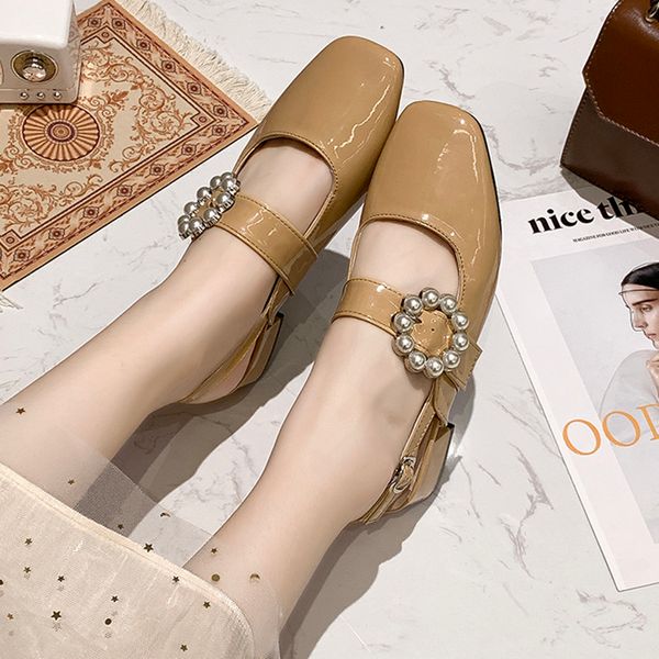 

women elegant pearl buckle square heel sandals vintage square toe leather sandalias woman fashion mary jane shoes ladies, Black