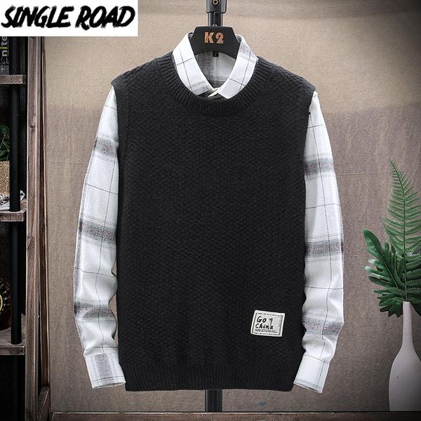 

singleroad mens knitted sweater vest men 2020 winter sleeveless jumper sweaters harajuku o-neck korean style black sweater men, Black;white