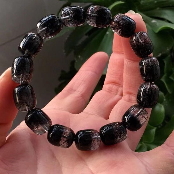 

black rutilated natural quartz bracelet 13x10mm light barrel crystal beads female snippet og8x