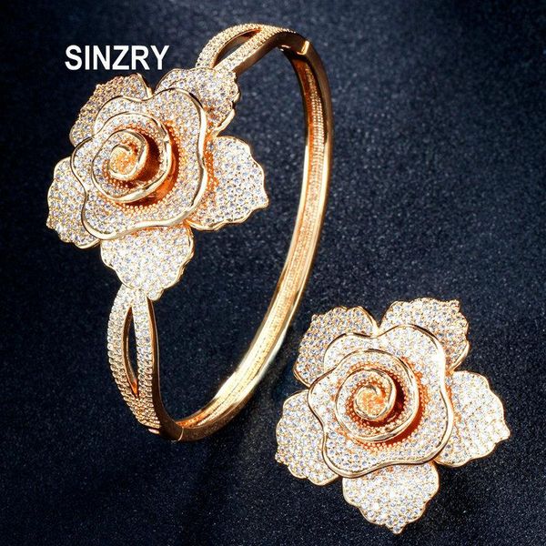 

sinzry luxury cz jewelry accessory gold color cubic zircon flower exaggreated brial bangle ring jewelry set for women, Silver